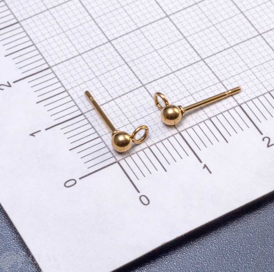 Пуссеты с шариком, диам. 3мм, гвоздиком 0.8мм и разъемной петелькой 1.8мм, нерж. сталь, цвет анодирования золото.