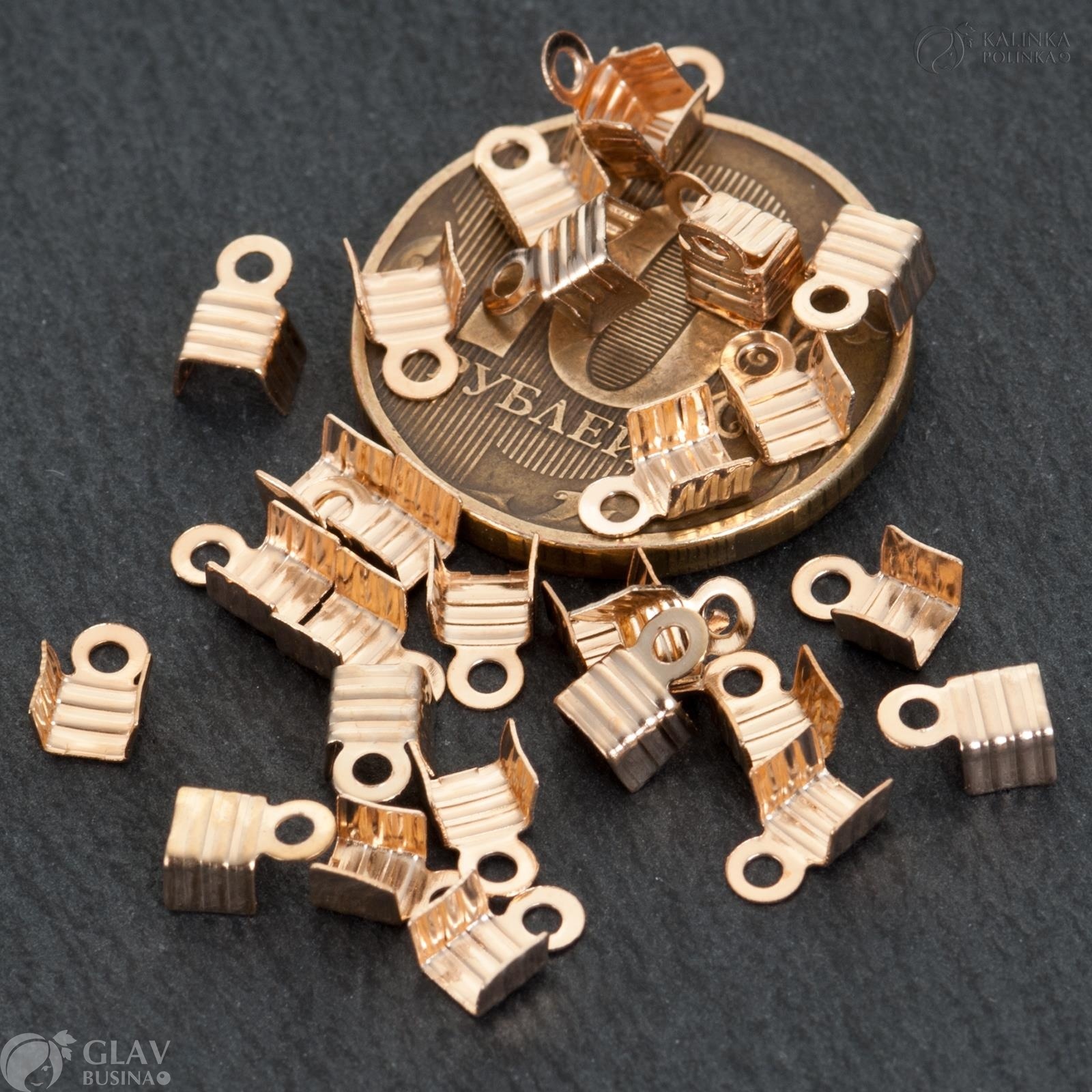 ОПТ (500 шт) Концевики для плоских и круглых шнуров шириной 2.5-3мм, длина 7мм, отв-е 1.2мм, железные, цвет русское золото.