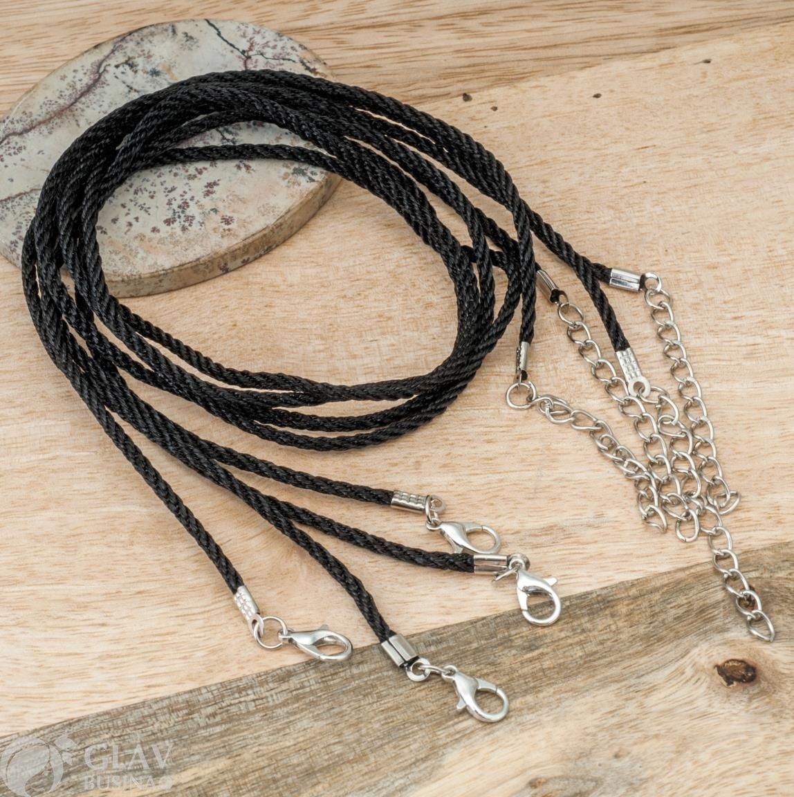 ОПТ (20 шт) Основа для колье из плотного черного полиэстрового шнура Корейский шелк, шнур 2ммх43см, замочек из бижутерного сплава 12 мм, железная удлинительная цепочка 50мм, цвет покрытия платина.