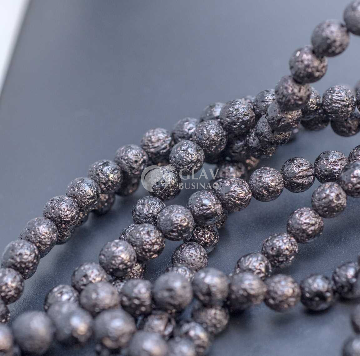 ОПТ (10 ниток) Нитка бусин вулканической лавы, цвет черный, глянцевый, диам. 8мм, отв-е 1мм, длина 40см / 46 бусин.