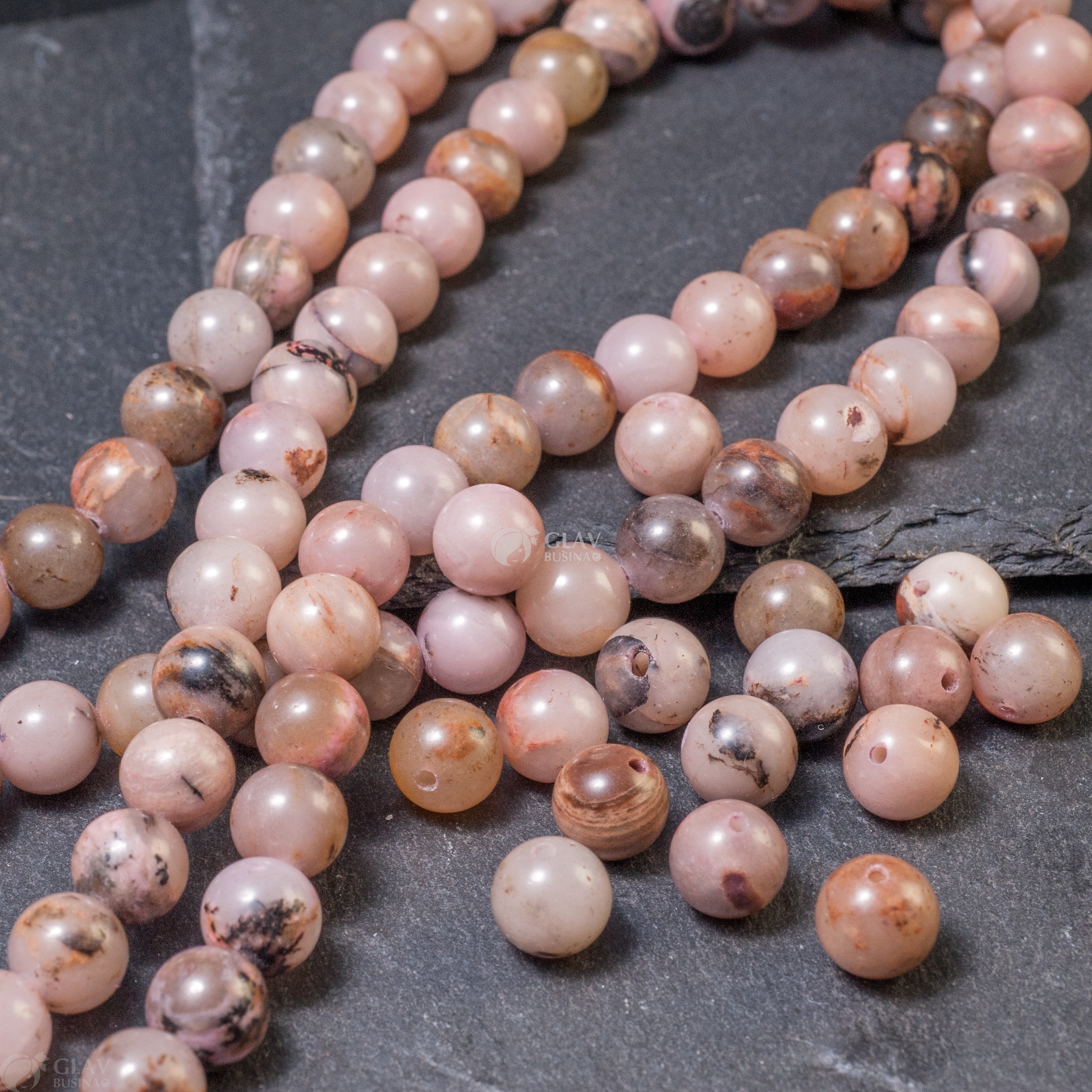 ОПТ (50 ниток) Нитка бусин родонита, диам. 8мм, отв-е 1мм, длина 18 см / 22 бусины.