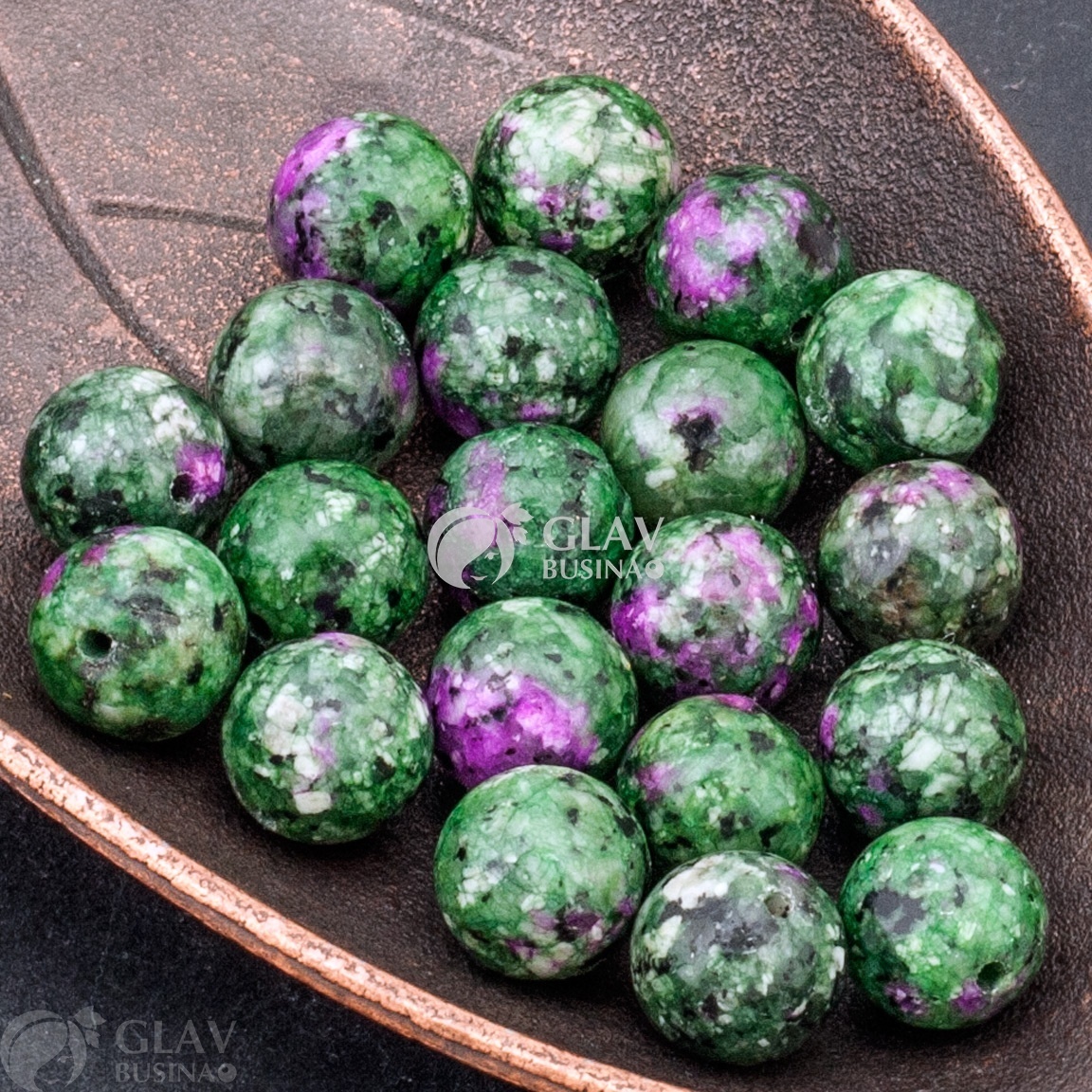 ОПТ (100 бусин) Цоизит с рубином, имитация,10.5мм, отв 1мм, облагорожен.