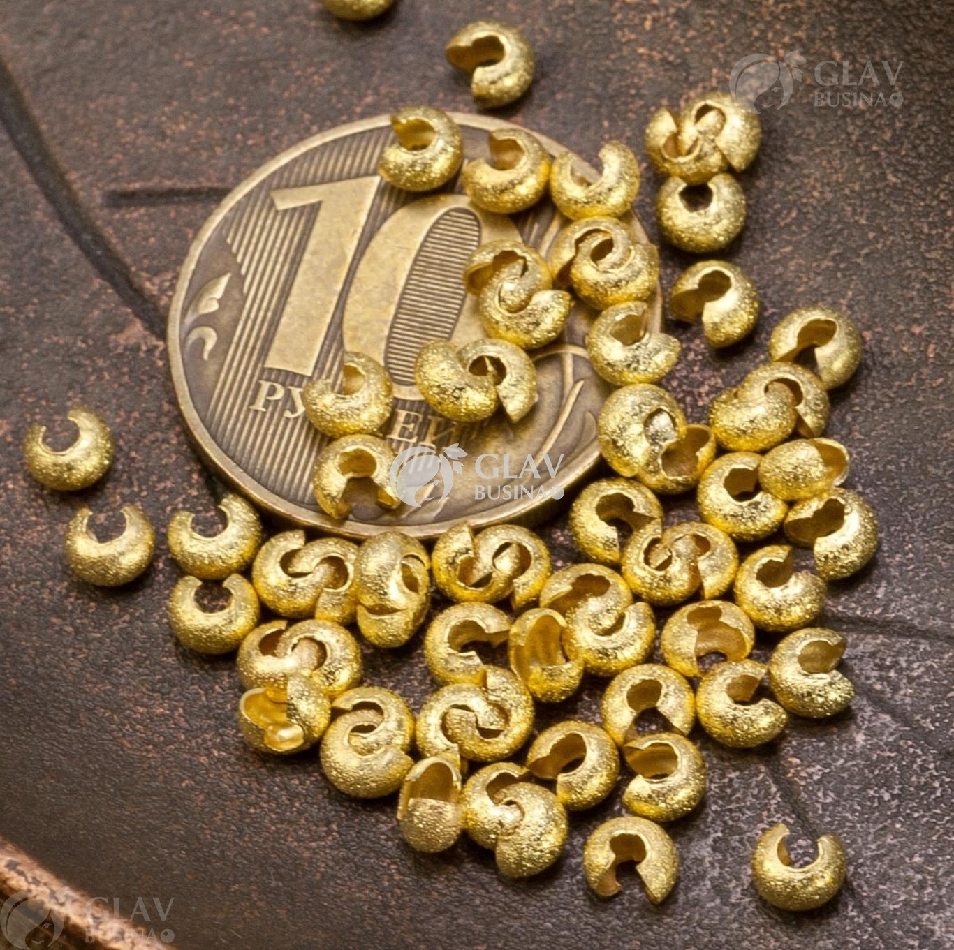 ОПТ (250 шт) Шапочки для кримпов с эффектом звездной пыли (сияния), р-р 4х2.6мм, латунь, цвет желтое золото.