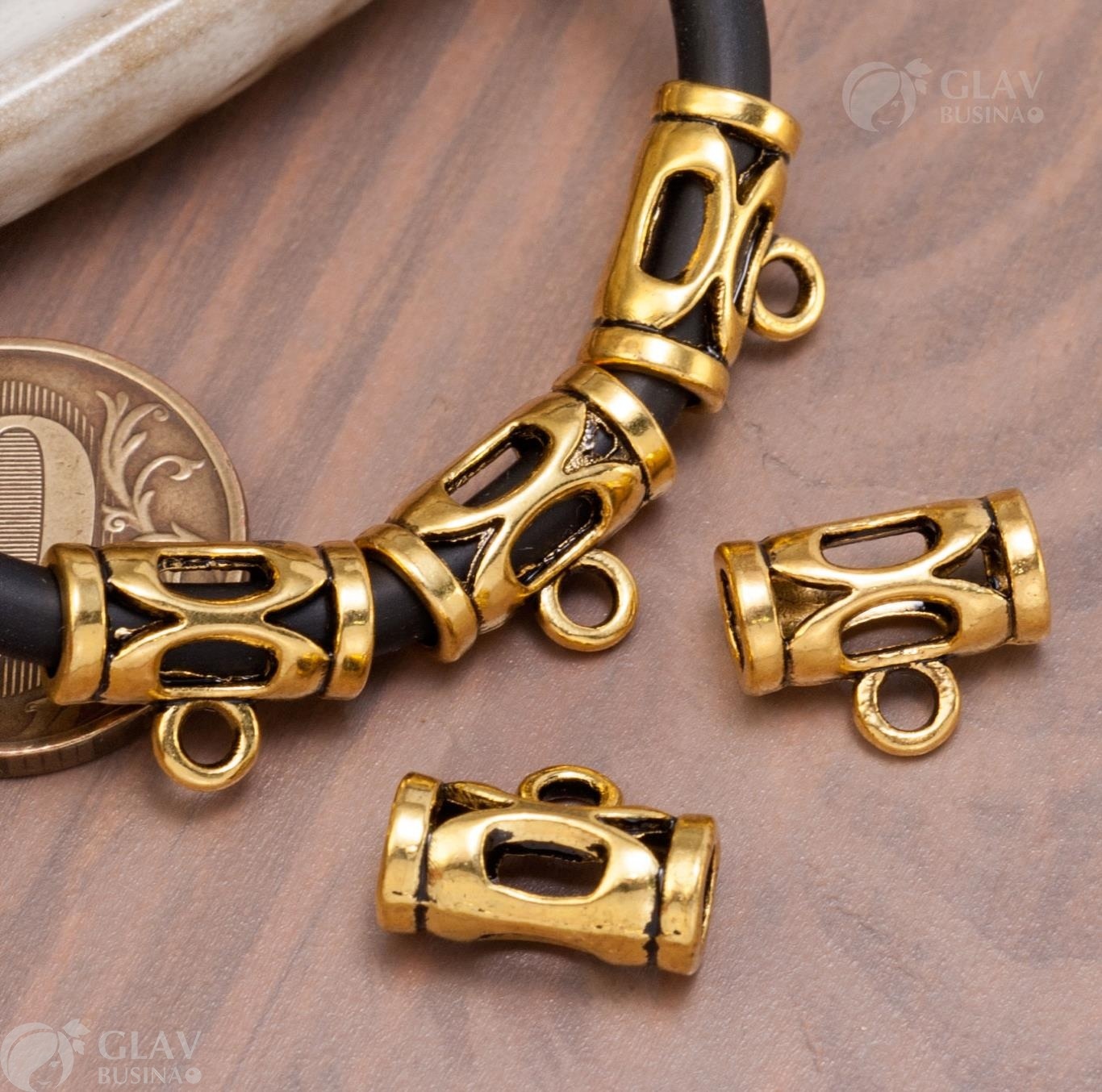 ОПТ (50 шт) Бейлы для шнуров до 4.5мм, р-р 14х11х7м, отв-я 4.7 и 2.3 мм, сплав, цвет античное золото.