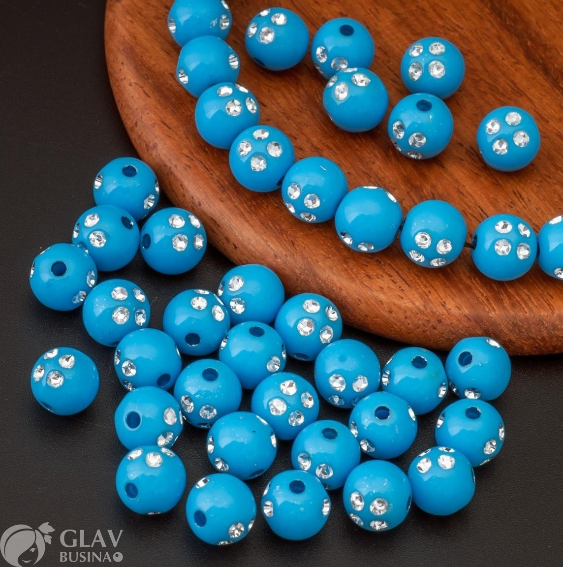 ОПТ (500 бусин) Бусины акриловые не прозрачные шарики с имитацией 8 страз , цвет голубые с серебром, 8мм, отв. 1,5мм.