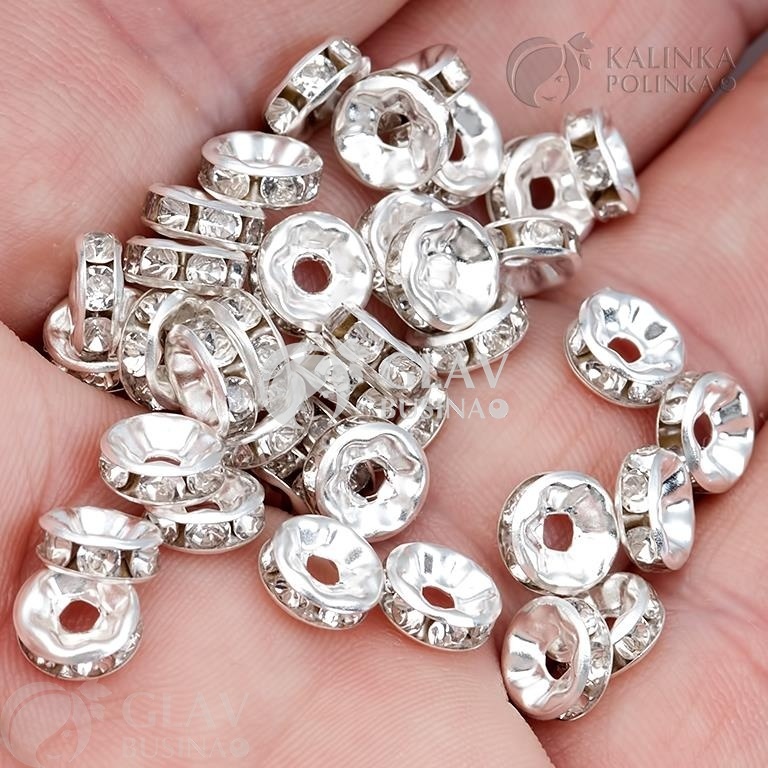 ОПТ (1000 шт) Не идеальные. Бусины-рондели прозрачными хрустальными стразами, железо, цвет серебро, диам. 7мм, отв-е 1.6мм. Некоторые стразы отсутствуют.