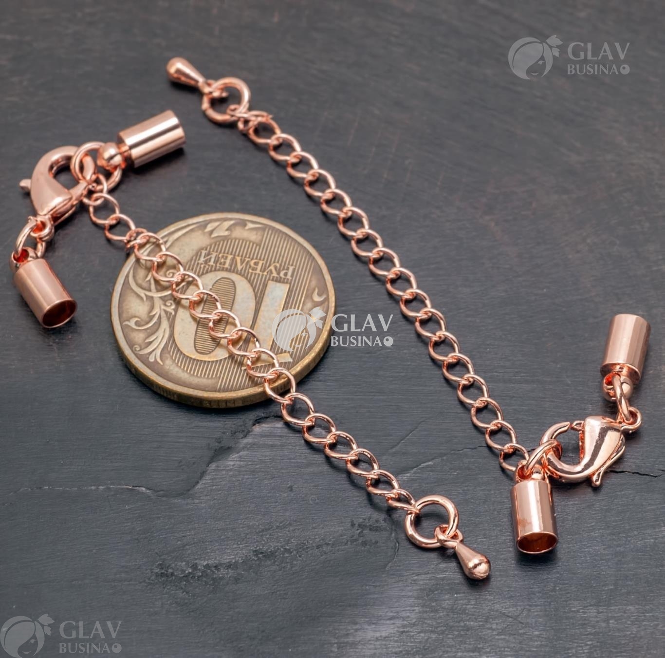 ОПТ (50 наборов) Набор из концевиков под шнур 3.5мм, замочка 12мм и паяной удлинительной цепочки с концевиком, цвет розовое золото.