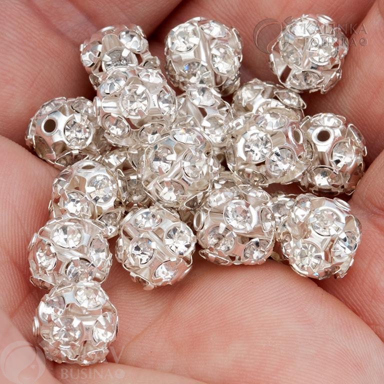 Бусины с кристально чистыми хрустальными стразами, латунь, цвет серебро, диам. 10мм, отв-е 1.4мм. Отличное качество.