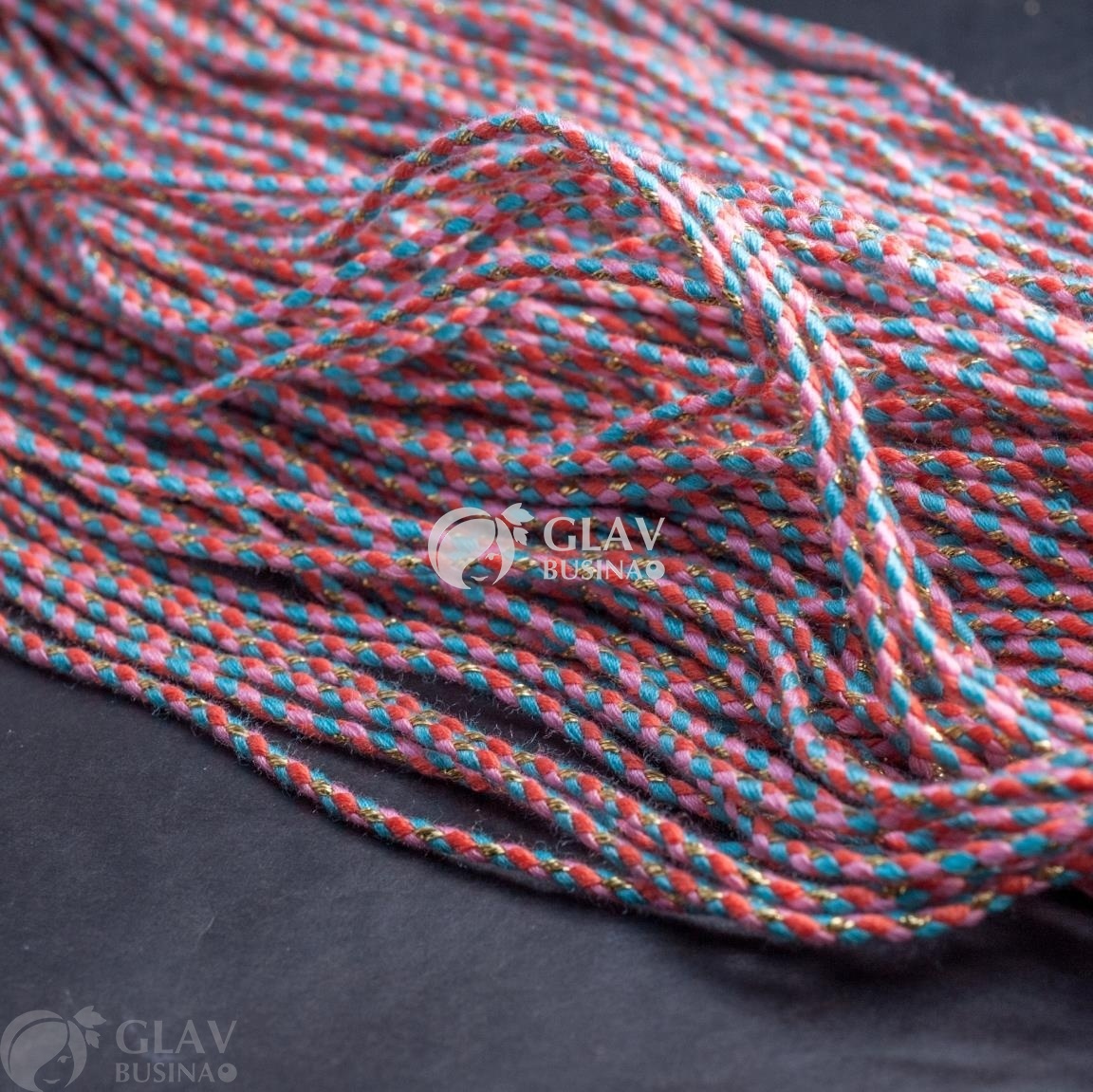 ОПТ (100 метров) Шнур для браслета двуцветный, полиэстровый с золотым люрексом из нитей 3 голубой, персиковый, розовый, 2мм.