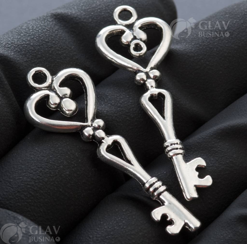 Подвеска двусторонняя, Ключ, длина 42мм, отв-е 2.1мм, цвет черненое серебро.