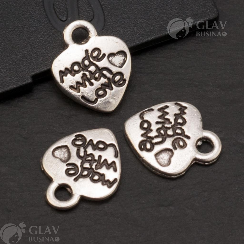 Подвеска Сердечко Made with love, р-р 12х10х2мм, отв-е 2мм, сплав, цвет чернёное серебро.