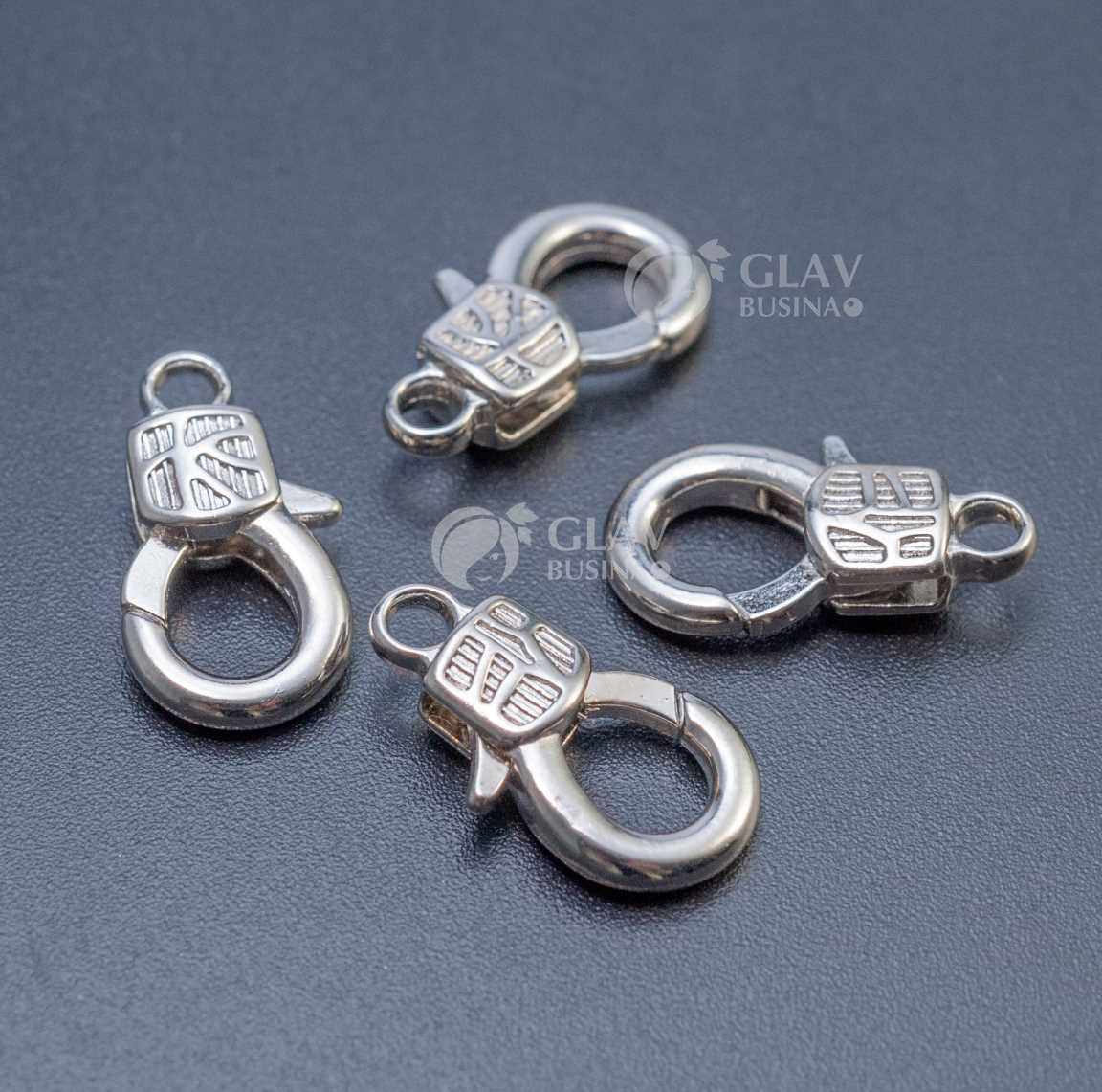 Замок-карабин с узором, бижутерный сплав, цвет платина, р-р 17х9х4 мм, отв-е 2 мм.