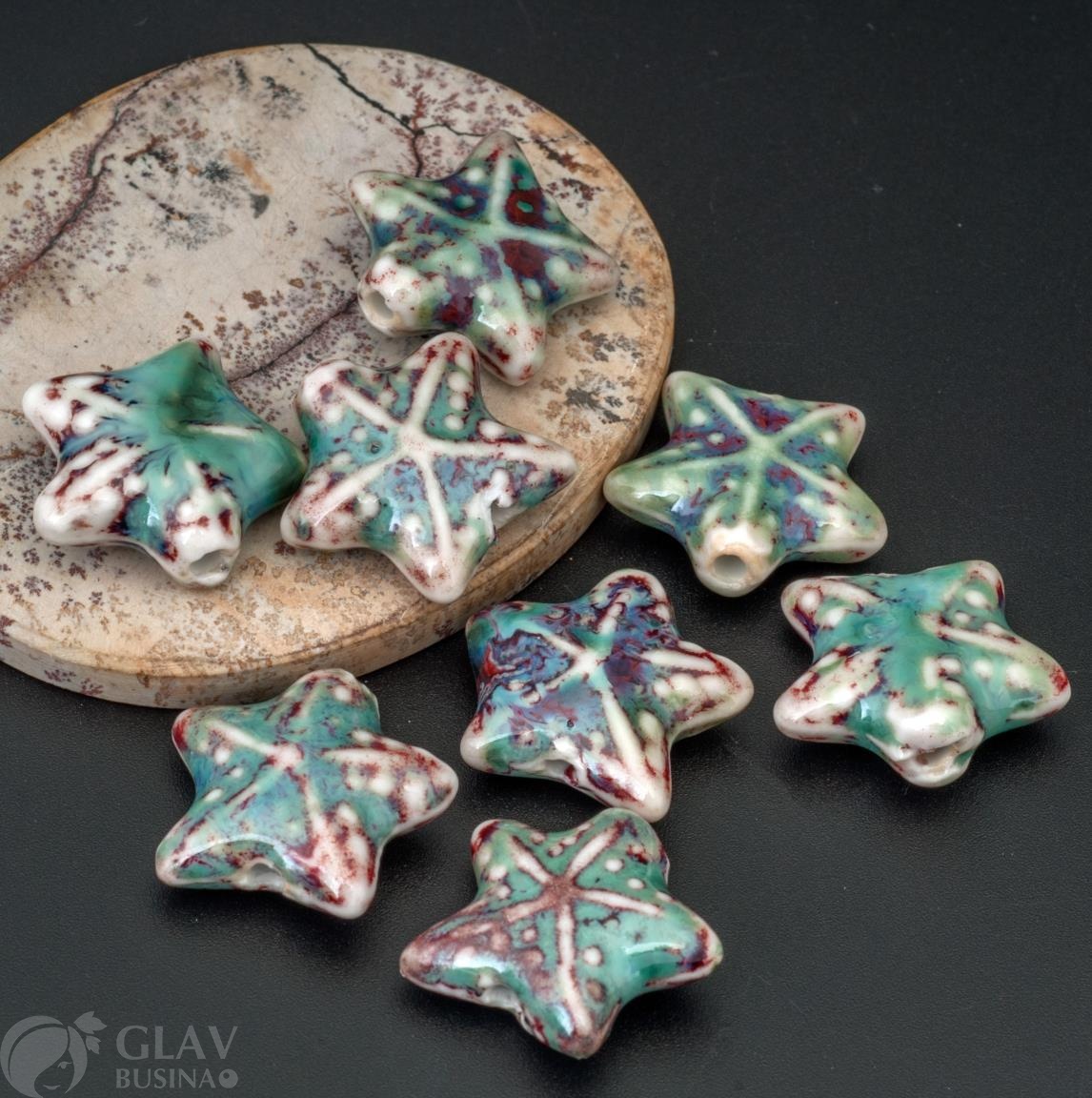 Керамическая бусина-морская звезда ручной работы, цвет прогулка на яхте (от светло до темно-бирюзового, бордовый, голубой), р-р 20х21х10мм, отв 2мм.