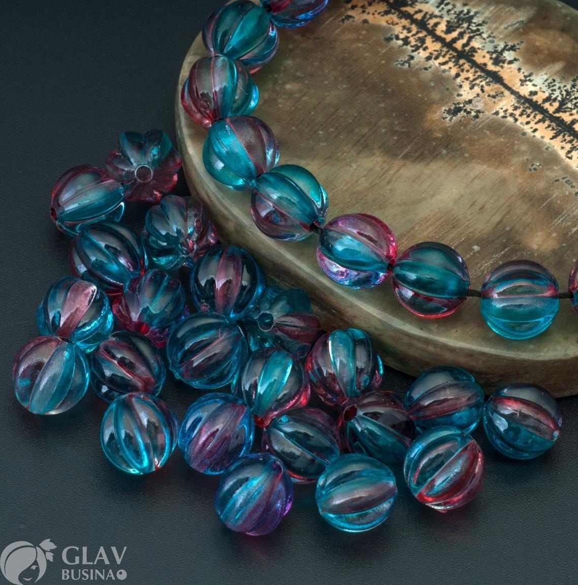 ОПТ (200 бусин) Бусины акриловые прозрачные мандаринка 7 долек, цвет голубой и малиновый, 8мм, отв. 1,5мм.