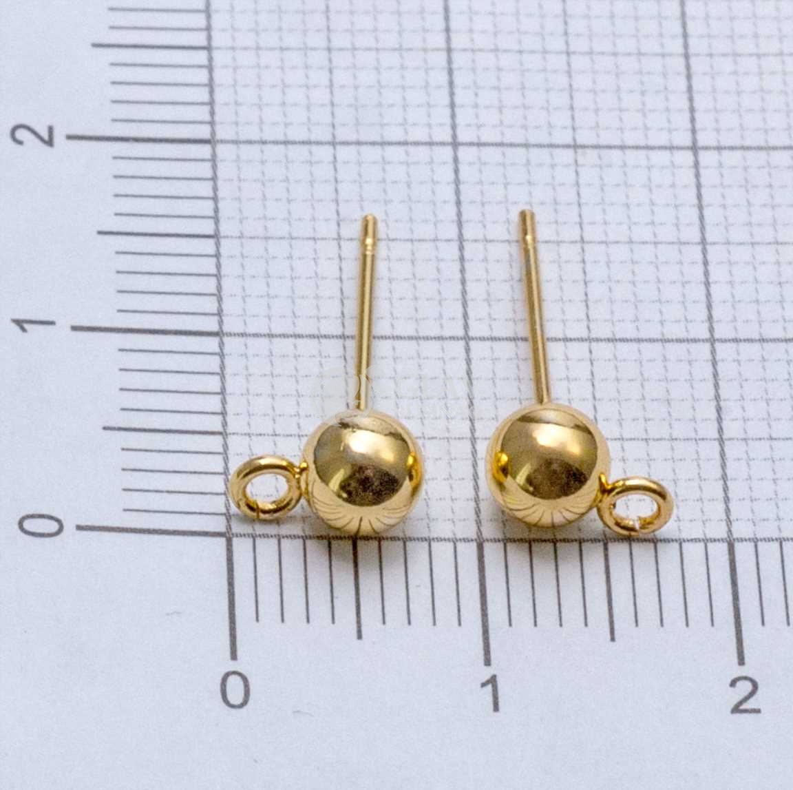 Пуссеты с шариком стальные, натуральная позолота 18K, диам. 5мм,с гвоздиком 12х0.7мм и перпендикулярным разъемным колечком 1.5мм.