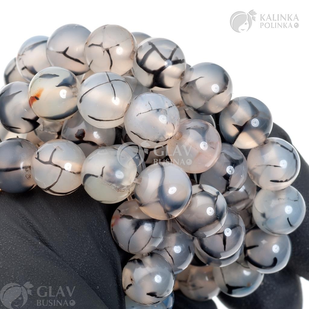 ОПТ (10 бусин) Бусины агата кракле белые прозрачные с черными прожилками, диам. 10.5мм, отв-е 1.2мм.