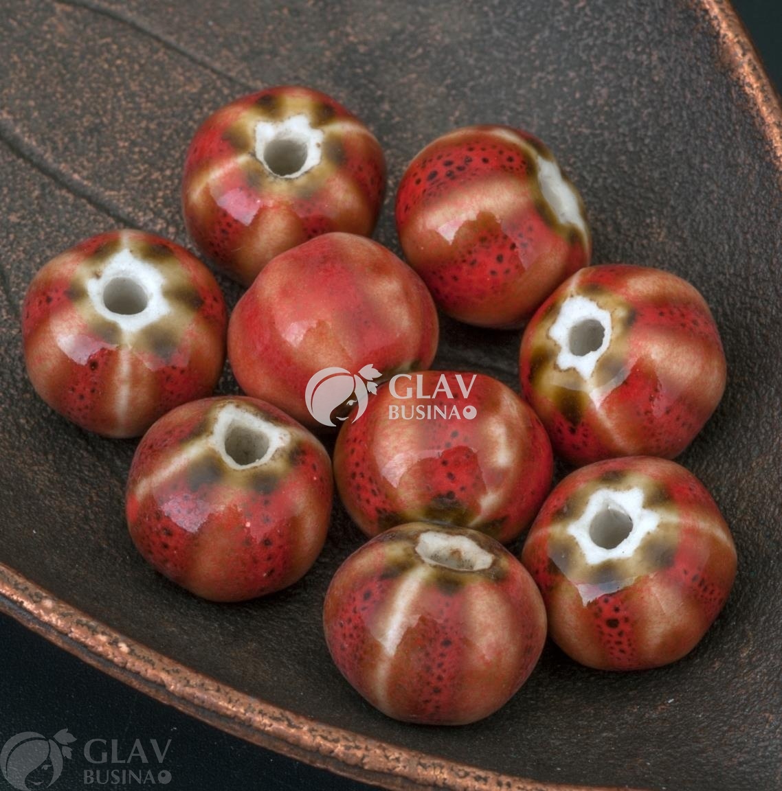 ОПТ (10 бусин) Керамическая бусина-тыковка ручной работы, цвет жаркий полдень (красный, бледно-розовый, жнлто-зеленый, карамельный), р-р 9х12мм, отв 2мм.