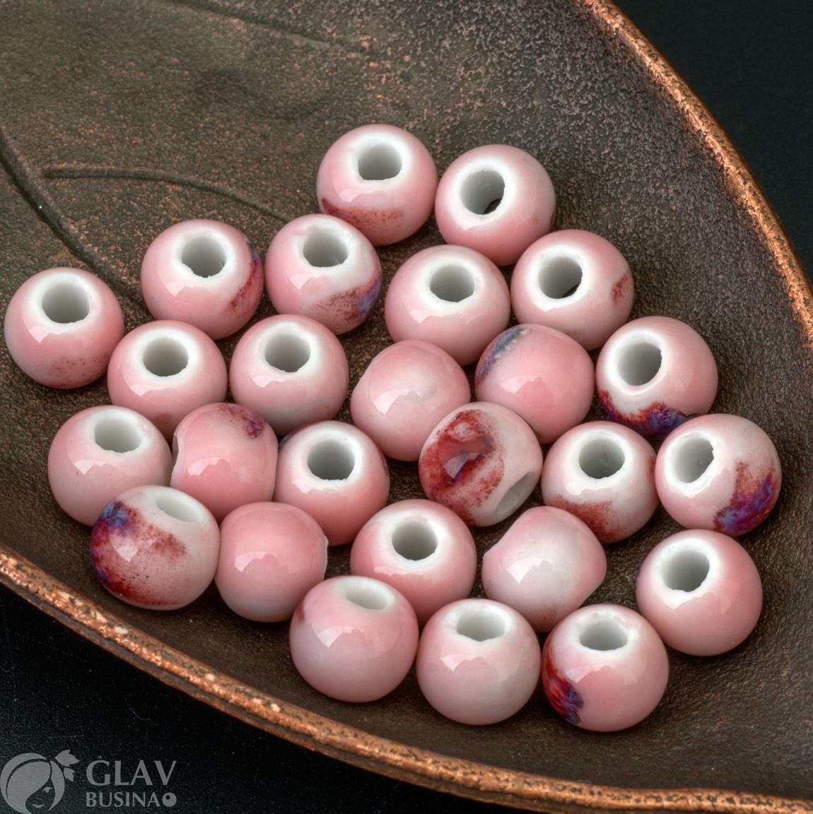 ОПТ (35 бусин) Керамическая бусина ручной работы, р-р 7х8мм, отв.3мм, цвет молодой фламинго (розовый, бордовый, нежно-голубой, белый).