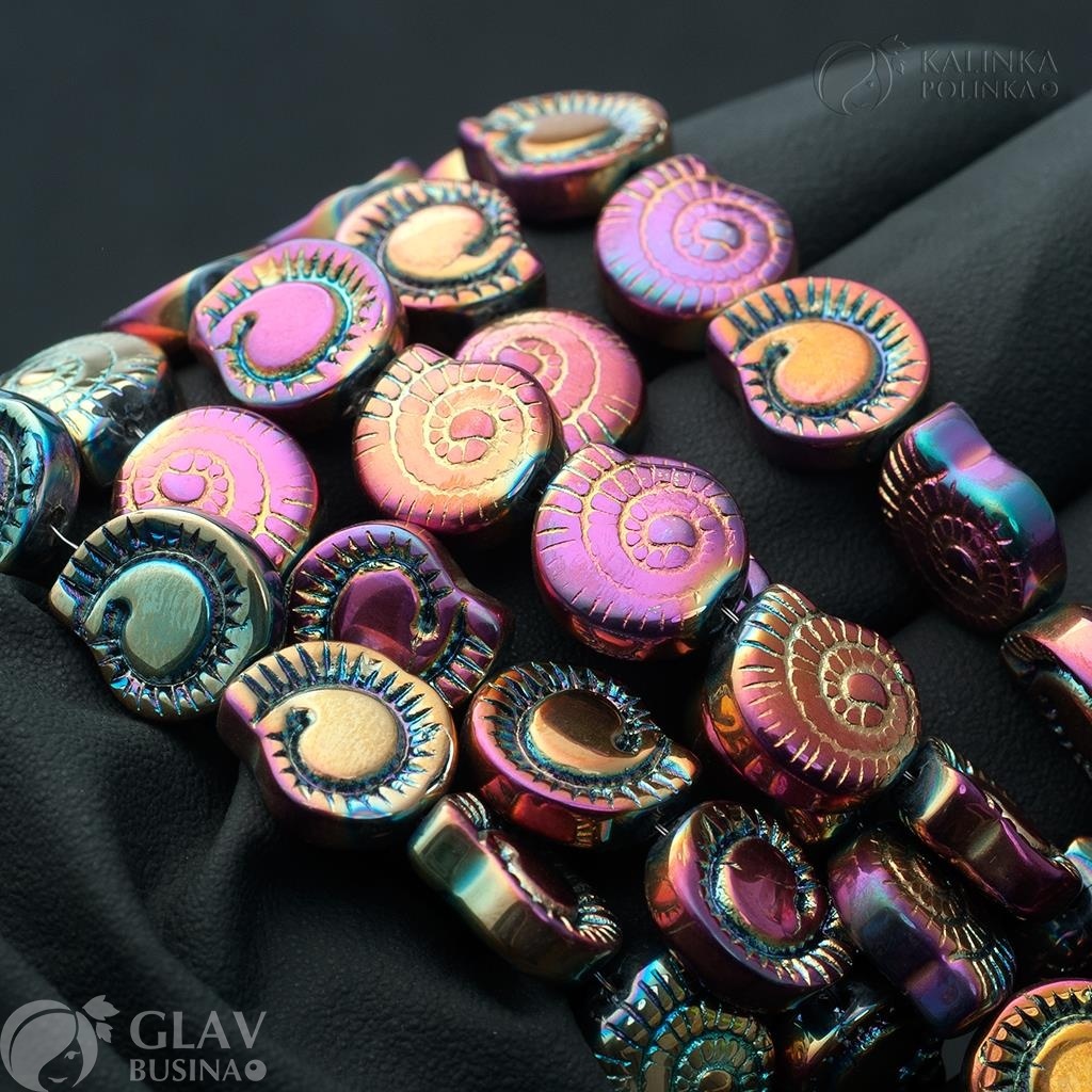 ОПТ (20 бусин) Бусина стеклянная Аммонит, золотисто-бирюзовое покрытие, р-р 12х4.5мм, отв-е 1мм.