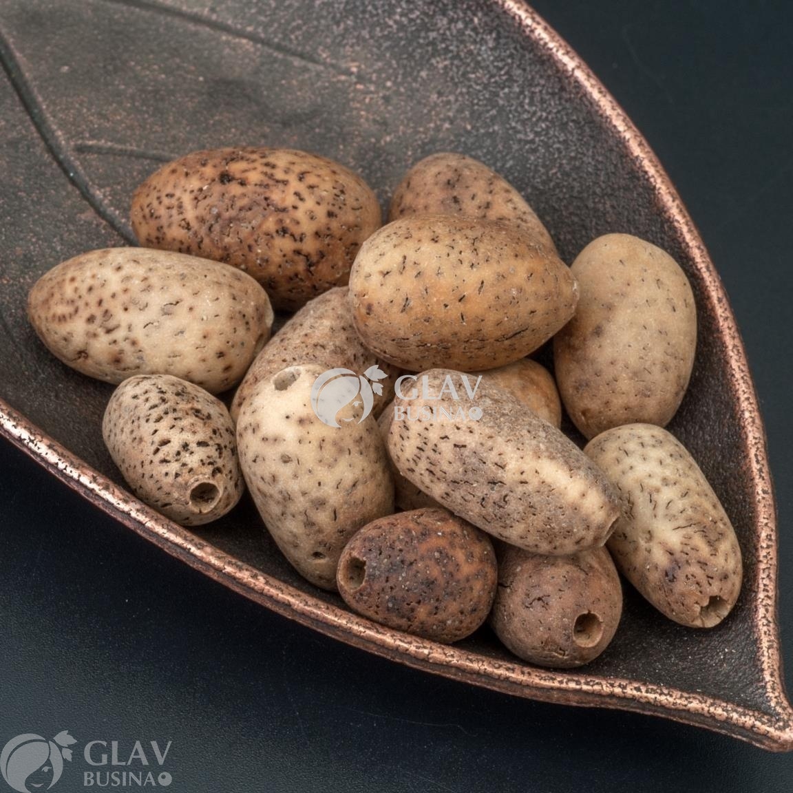 ОПТ (100 бусин) Бусины из ореха Синьюэ, цвет бежево-коричневый в коричневую крапинку, матовые без покрытий, средний р-р 18х11мм, отв. 1,5мм.