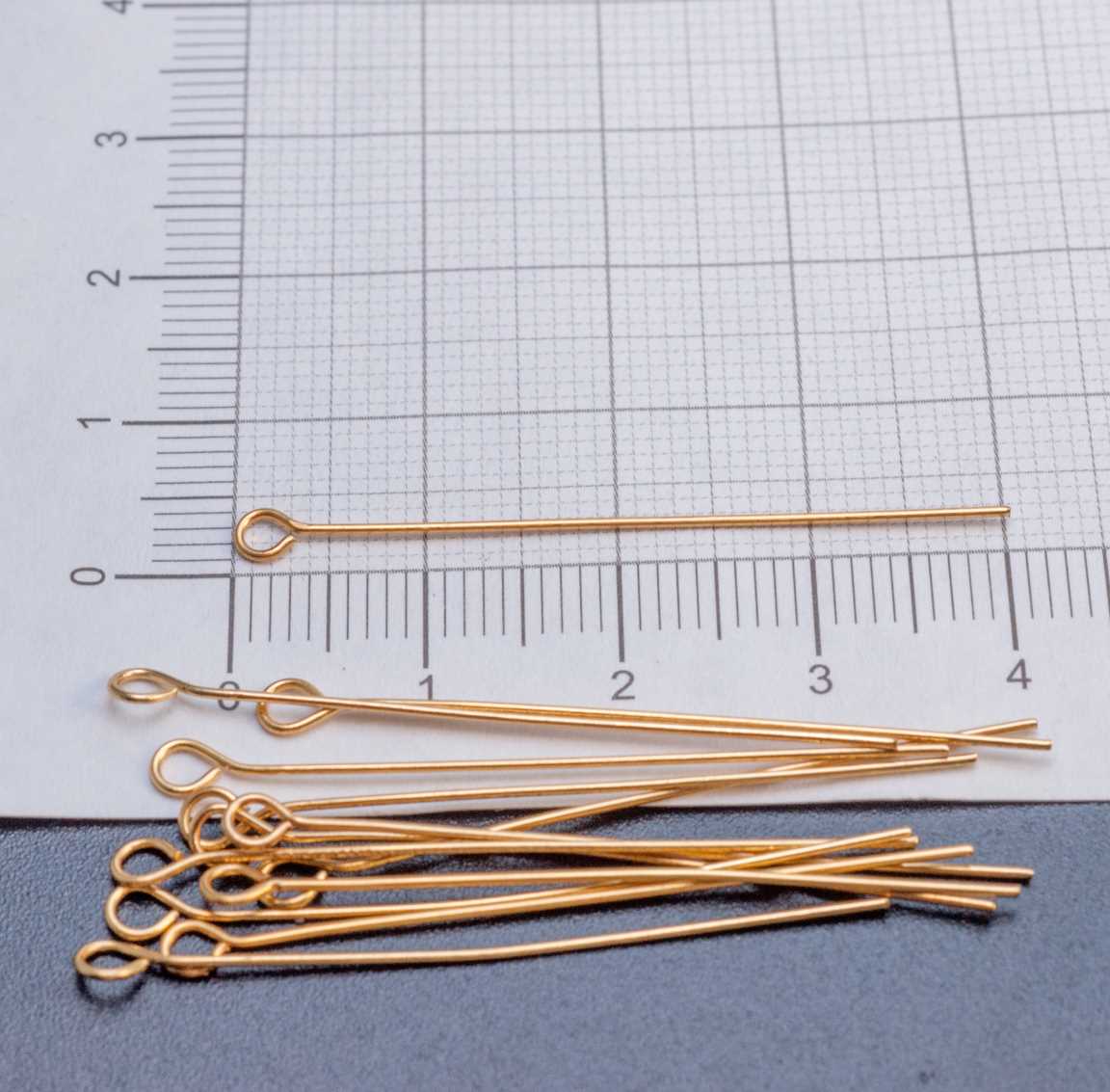 Пины с ушком из хирургической стали, р-р 40х0.6мм, отв-е 2мм, позолота 18K.