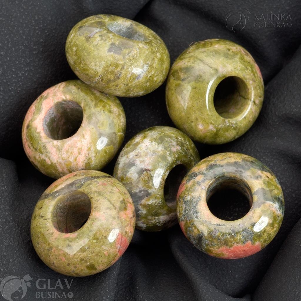 Бусина-шарм из унакита, р-р 14х8мм, отв-е 5.7мм.