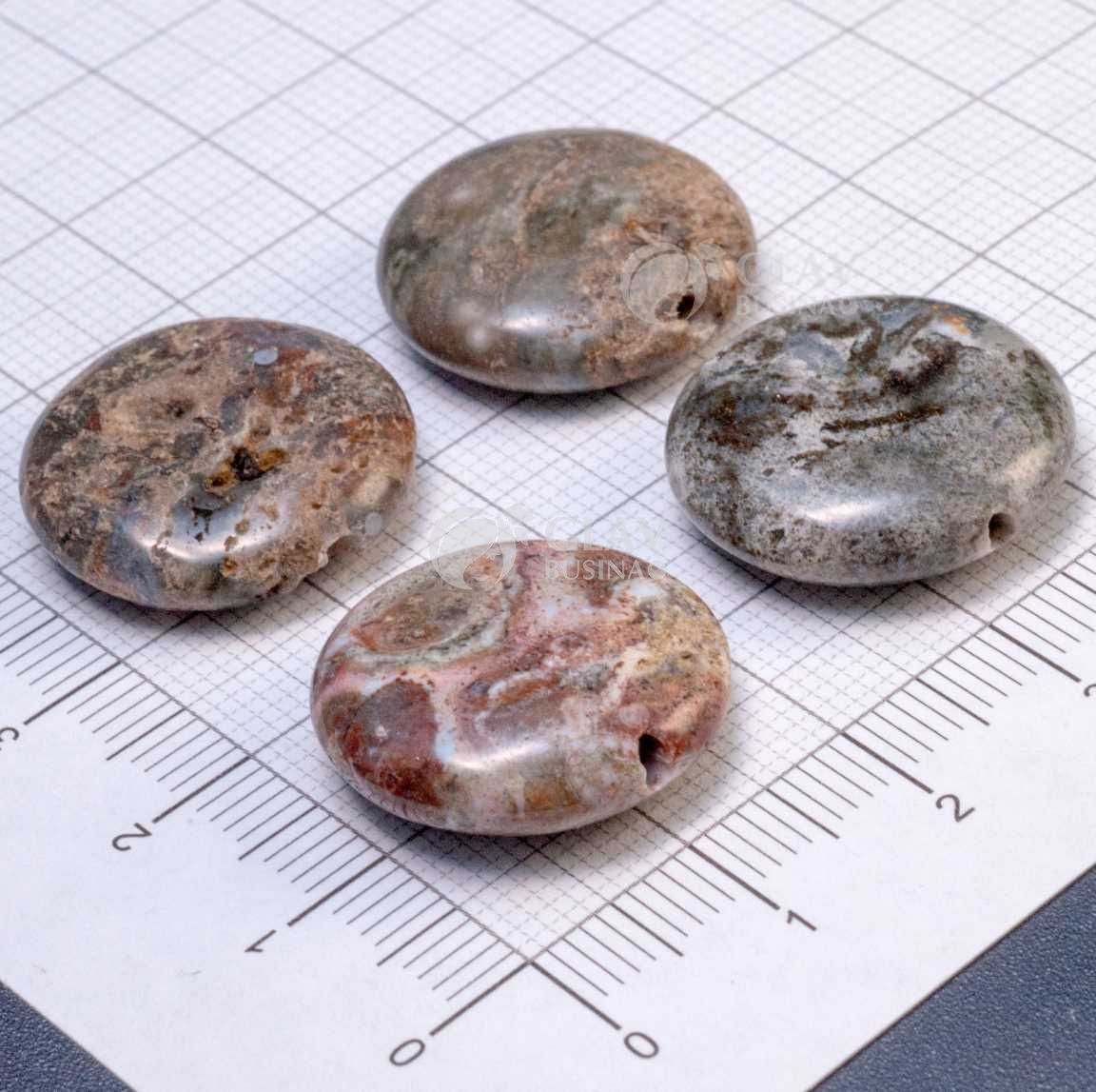 Моховой агат, гладкая плоская круглая бусина с естественными неровностями, цвета серо-зеленые и светло-коричневые, р-р 20х6мм, отв.1,2мм.