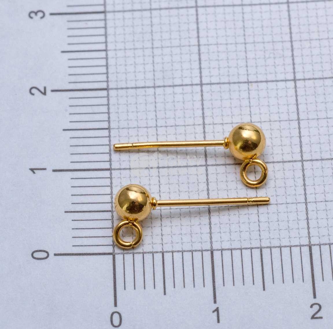 Стальные пуссеты с шариком, натуральная позолота 18K, диам. 4мм,с гвоздиком 12х0.7мм и параллельным разъемным колечком 1.5мм.