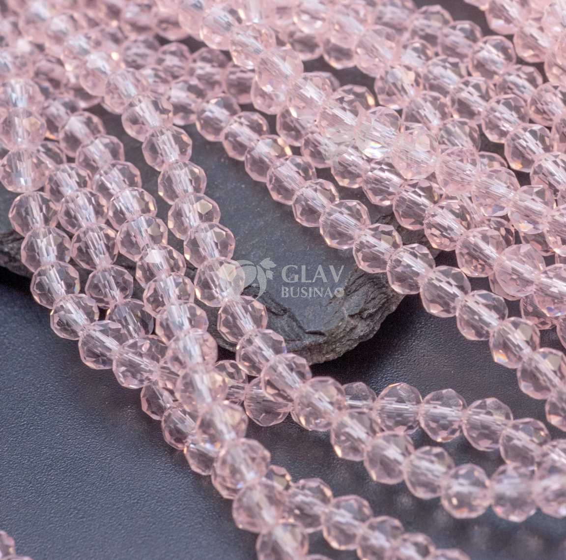 Бусины-рондели граненые стеклянные прозрачные, р-р 3.6х4.4 мм, нитка 35 см/112 бус., цвет морозный розовый.