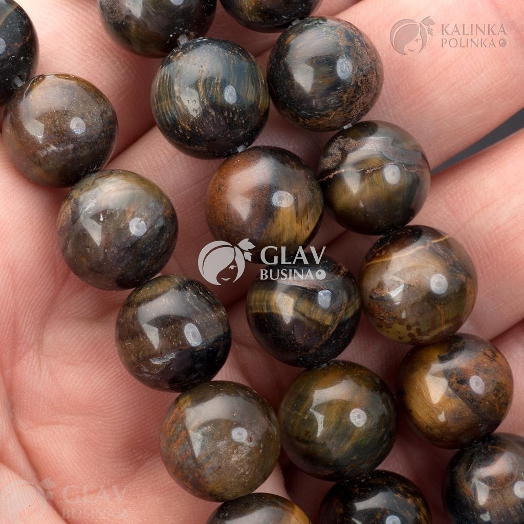 ОПТ (10 бусин) Бусины тигрового глаза, темные, диам. 12мм, отв-е 1.2мм.