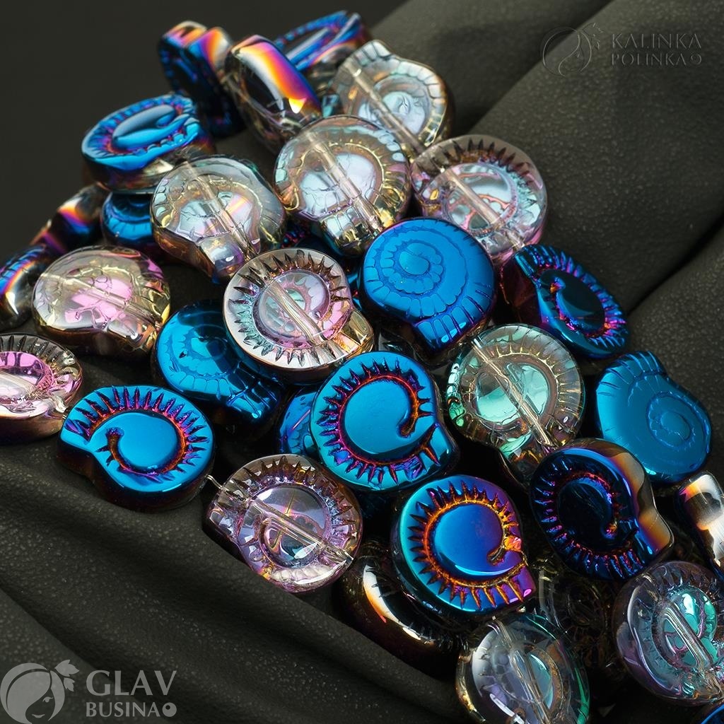 ОПТ (20 бусин) Бусина стеклянная Аммонит, бесцветные, зеркальное сине-фиолетовое покрытие, р-р 12х4.5мм, отв-е 1мм.