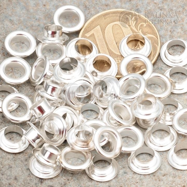 ОПТ (10 упак) Люверсы (блочки) латунные, цвет серебро, размер 9х3,5мм, внутренний диаметр 5мм, упак. 50 шт.