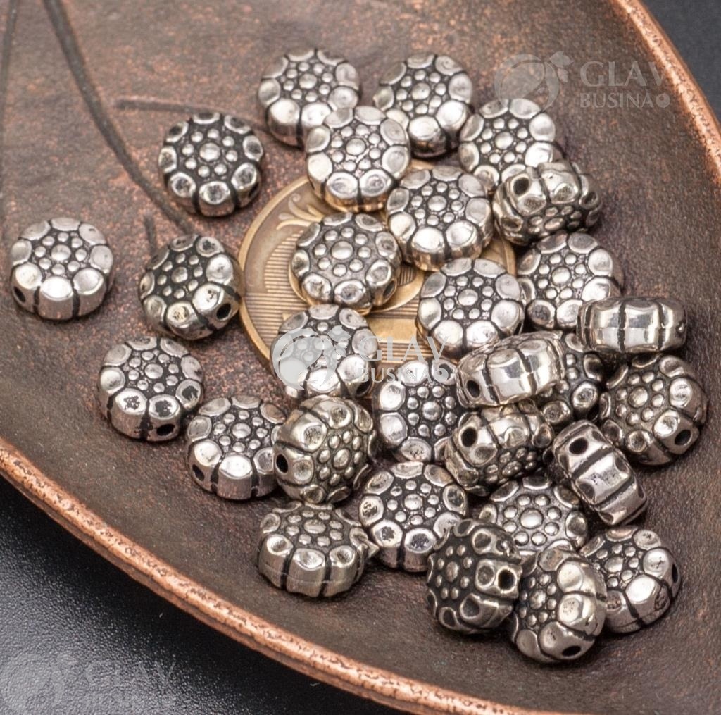 ОПТ (1250 бусин) Бусины из металлизированного акрила (CCB), форма цветочная, р-р 8х4.5мм, отв-е 1.2мм, цвет античное серебро.