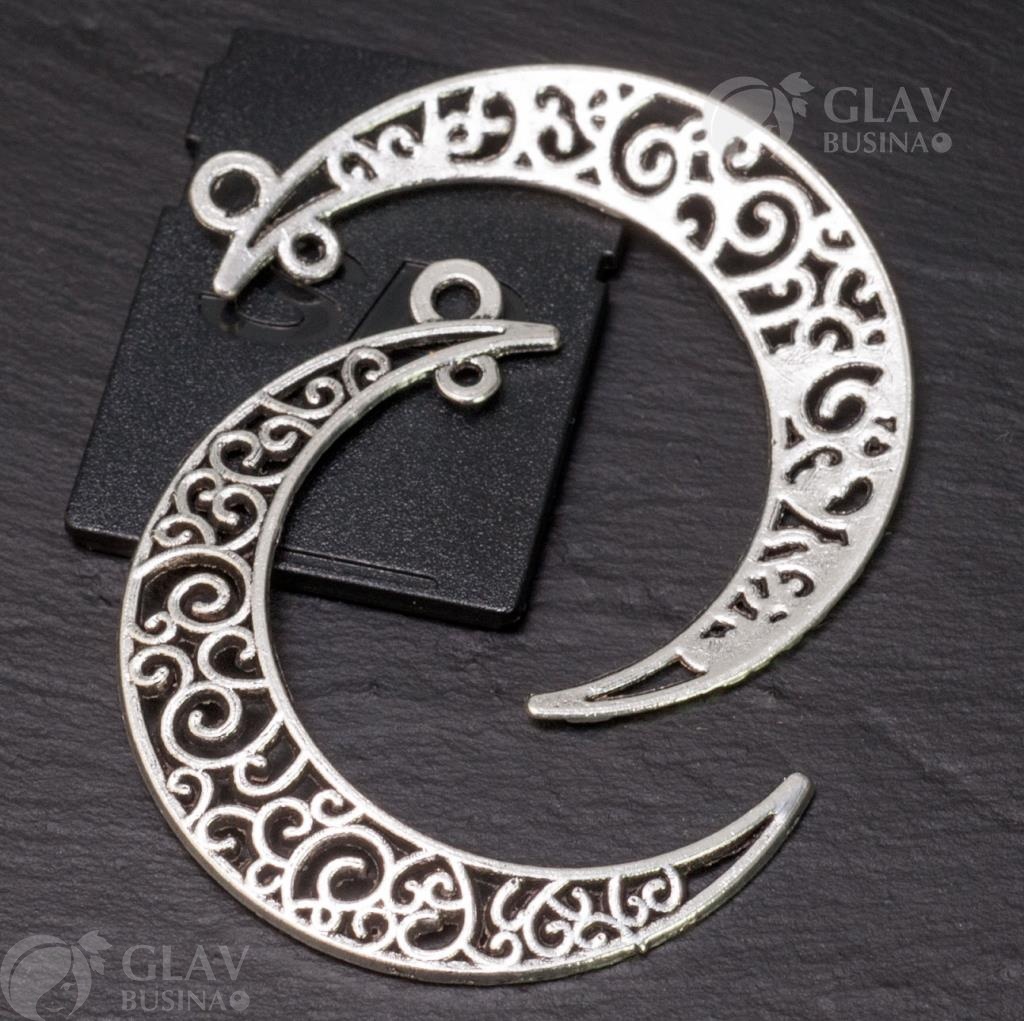Подвеска с доп. отв-ем "Полумесяц с арабеской", бижутерный сплав, р-р 40х30 мм, отв-е 2 мм, цвет чернёное серебро.