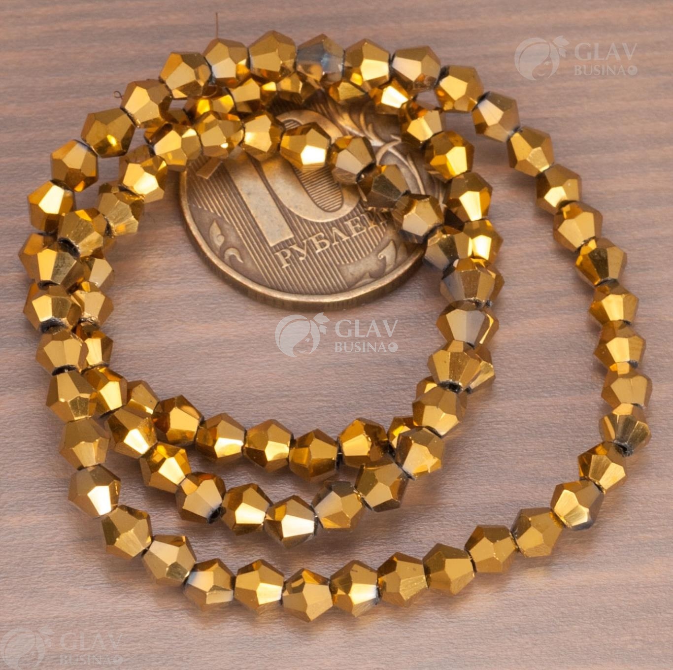 ОПТ (50 ниток) Нитка стеклянных бусин-биконусов: 92 бусины / 36 см, р-р 4.5х4мм, отв-е 1мм, непрозрачные, цвет золото.