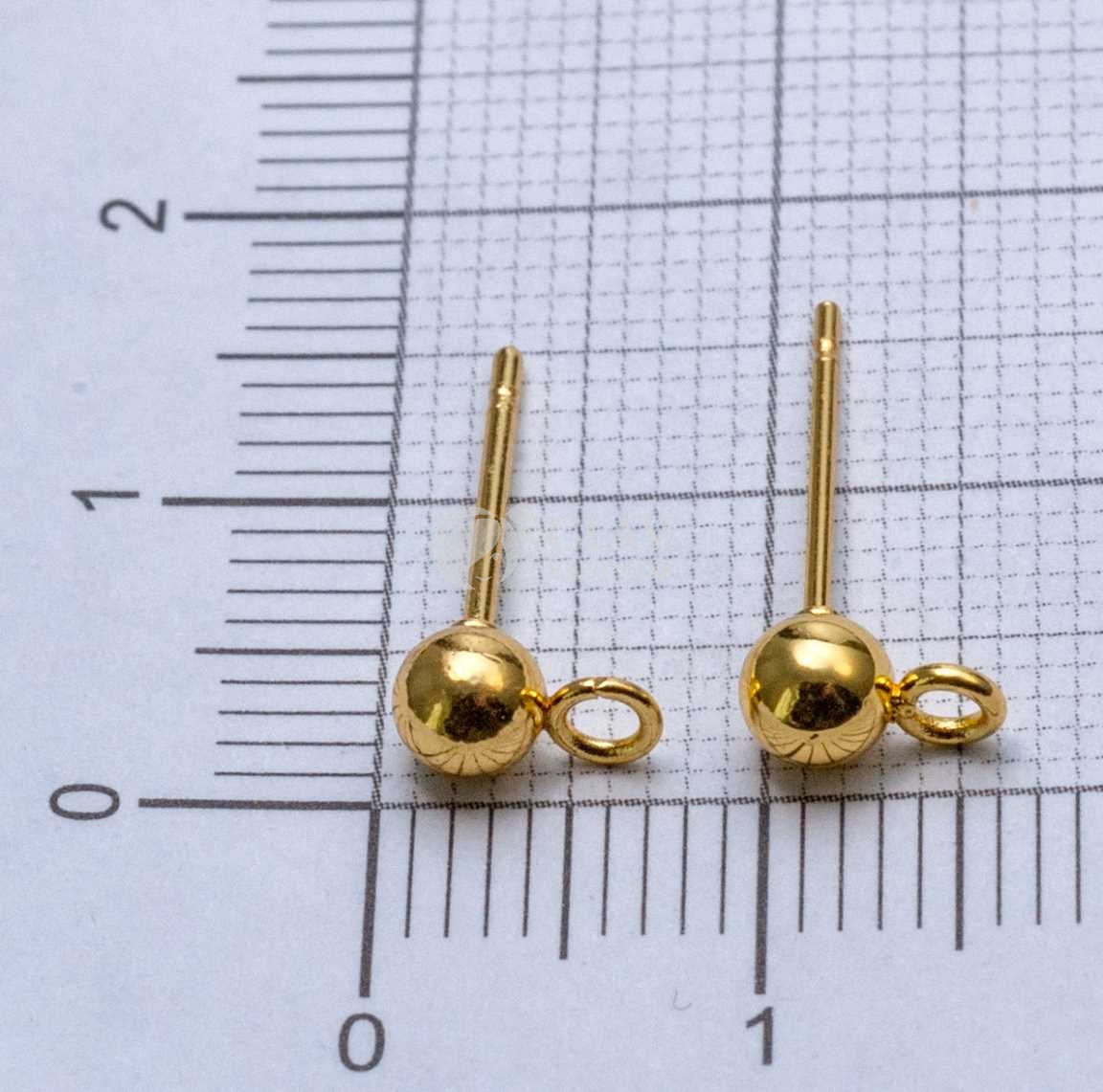 Пуссеты с шариком стальные, натуральная позолота 18K, диам. 4мм,с гвоздиком 12х0.7мм и перпендикулярным разъемным колечком 1.5мм.