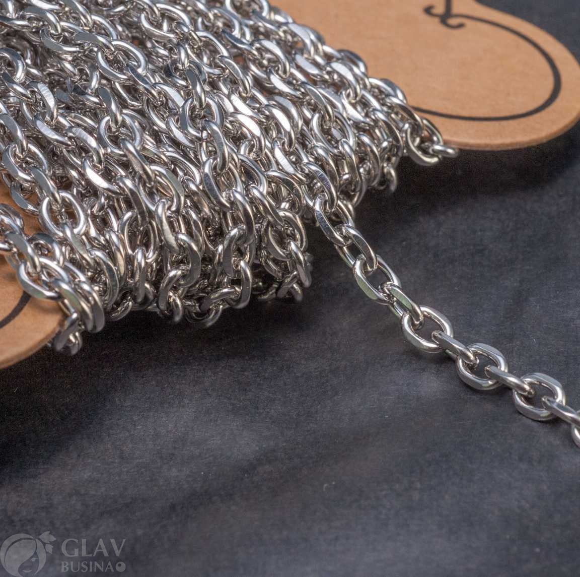 Цепочка 6х4.5х0.5мм, якорная блестящая с косым срезом, звенья не запаяны, нерж. сталь, цвет стальной, катушка 5 м.