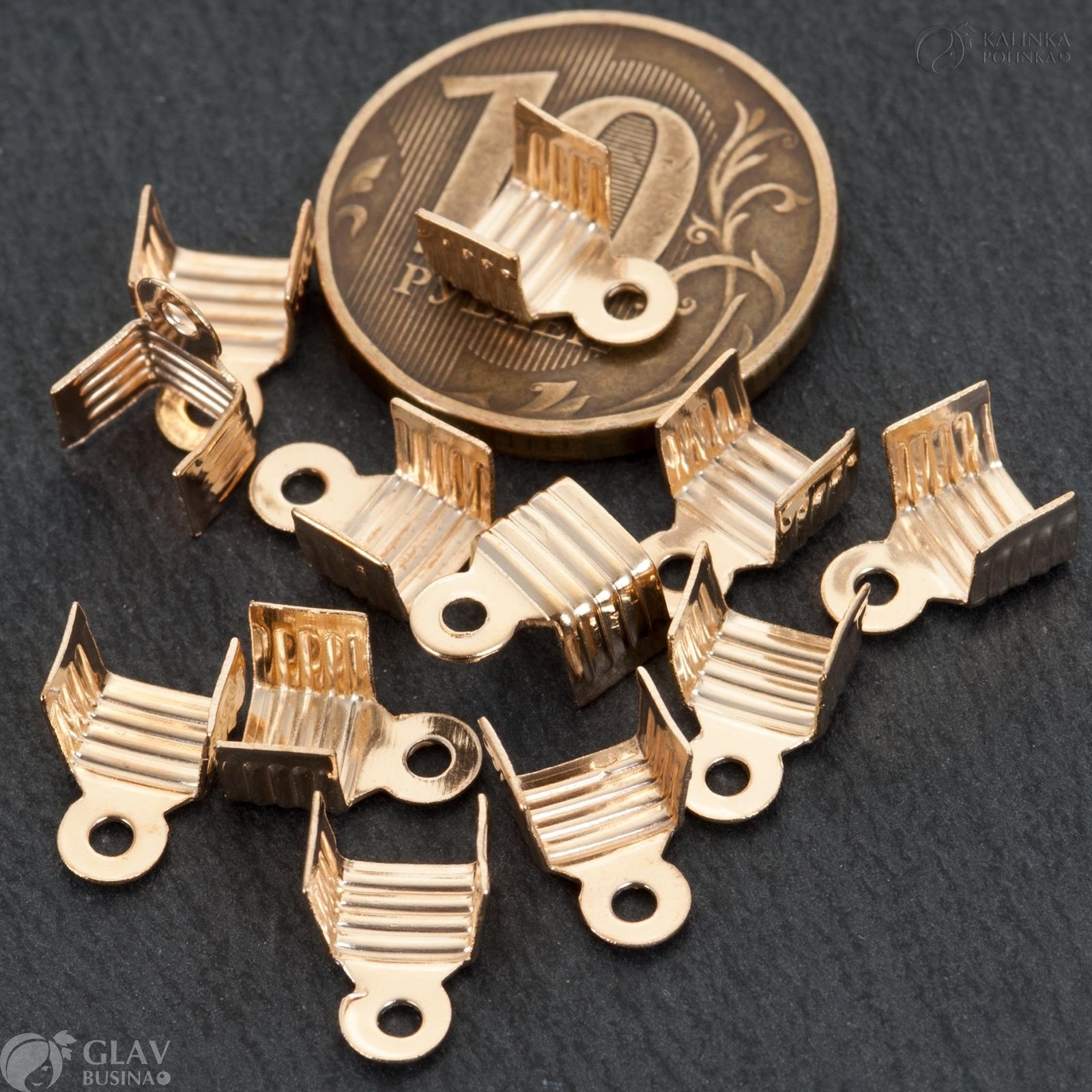 ОПТ (300 шт) Концевики для плоских и круглых шнуров шириной 2.5-3мм, длина 7мм, отв-е 1.2мм, железные, цвет русское золото.