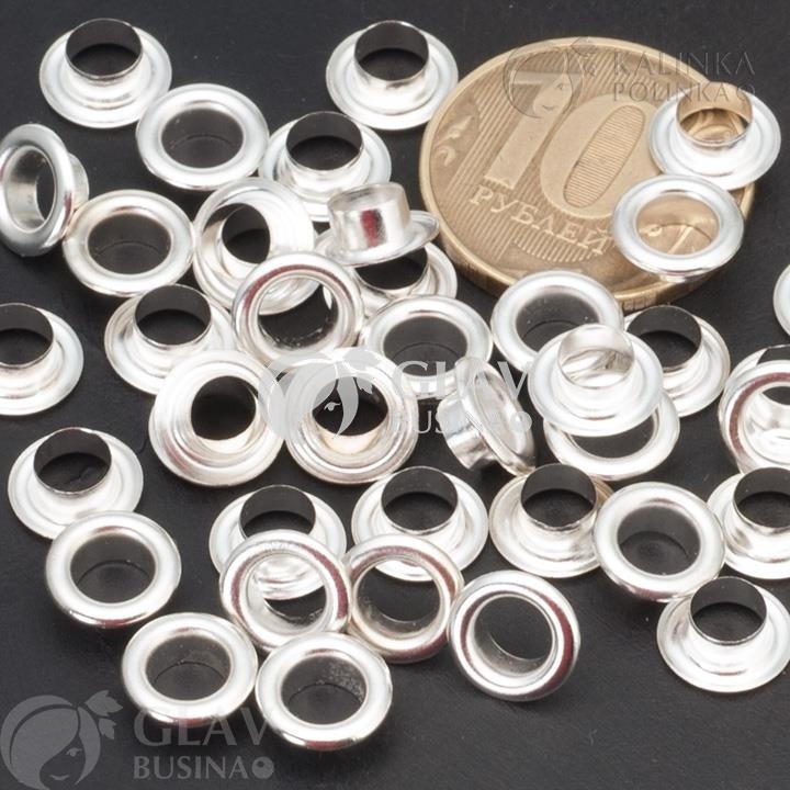 ОПТ (10 упак) Люверсы (блочки) латунные, цвет серебро, размер 9х3,5мм, внутренний диаметр 5мм, упак. 50 шт.