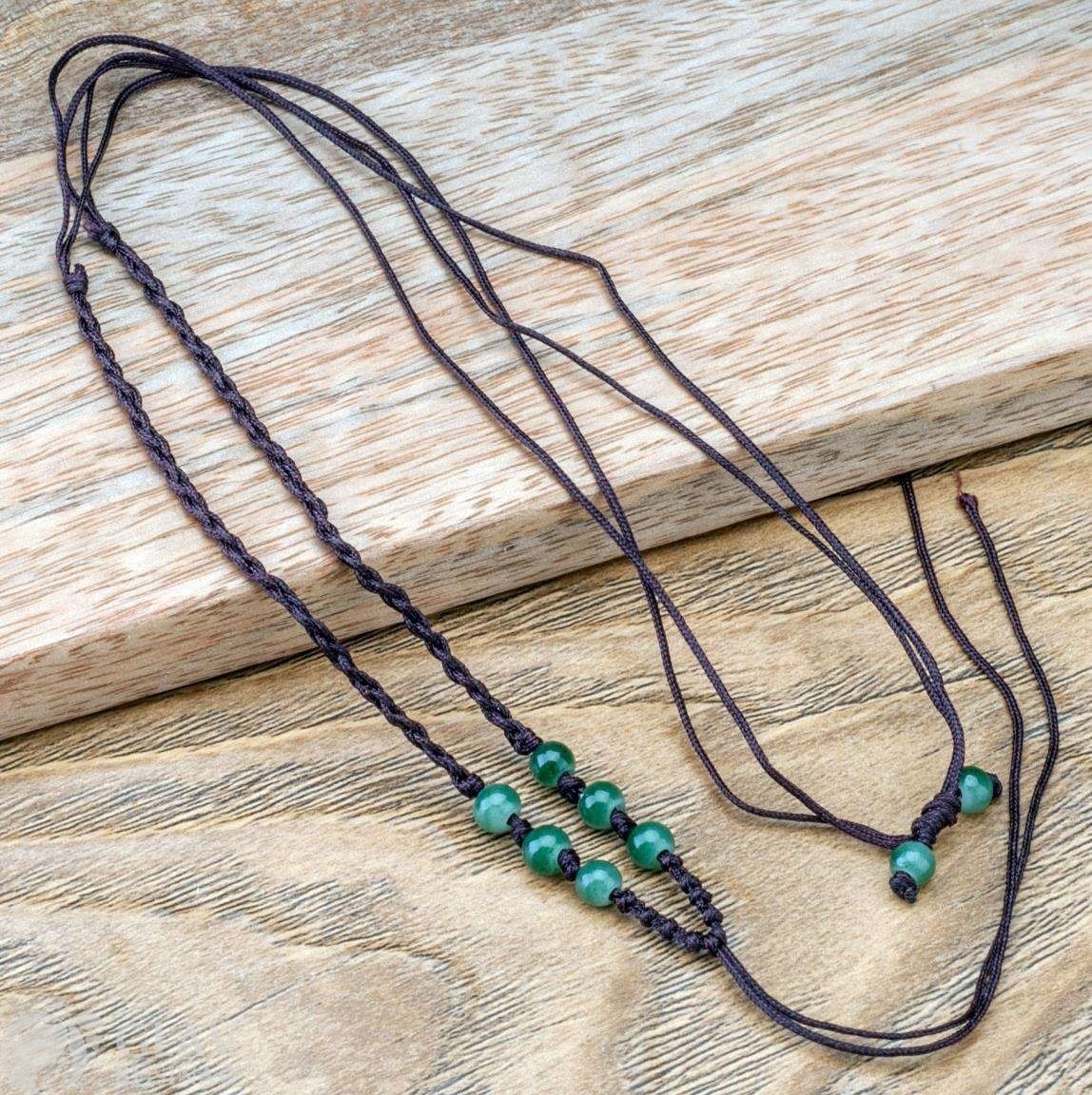 ОПТ (10 шт) Основа для колье из коричневого полиэстрового шнура с бусинами тонированного кварца, шнур 2мм х 60см, регулируется до 43см, на скользящем узле с бейлом-ниточкой, цвет бусин зеленый.