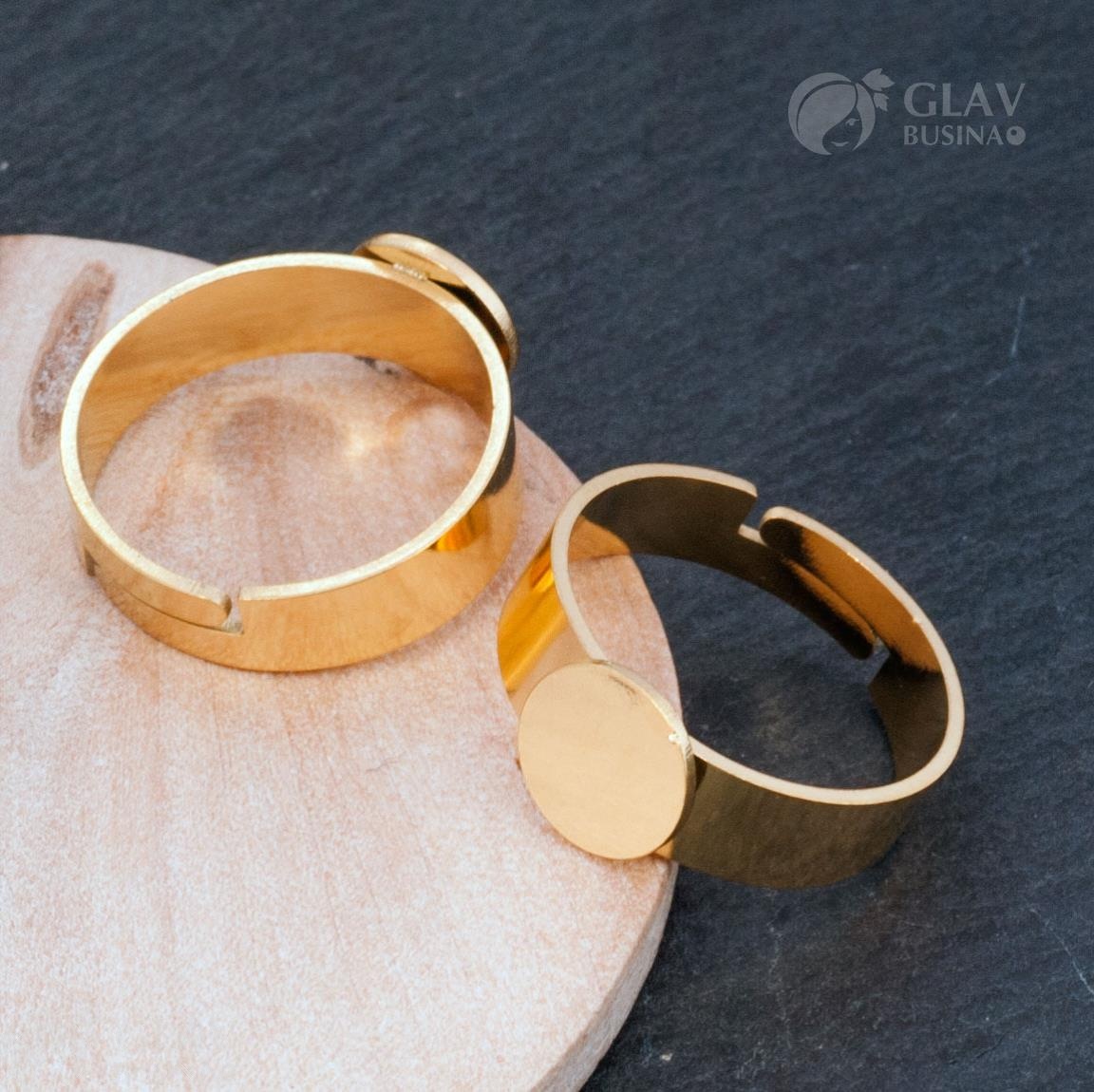Основа для кольца из хирургической стали, площадка 8х1мм, шинка 0.8мм, размер 17мм, регулируемый, цвет золото.