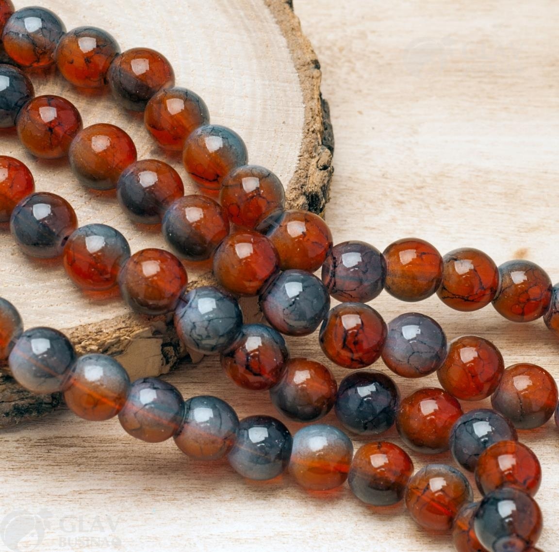 ОПТ (10 ниток) Нитка стеклянных бусин имитация агата,  39 см / 50 бусин, диам. 8 мм, отв-е 1.2мм, окрашенные, серо-коричневые.