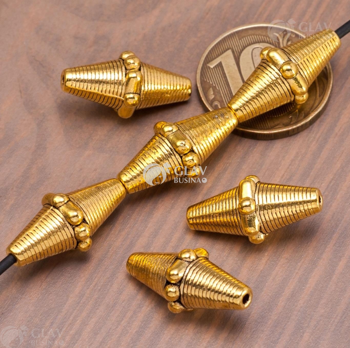 ОПТ (250 бусин) Крупная бусина-биконус, р-р 22х10мм, отв-е 1.5мм, бижутерный сплав, цвет античное золото.