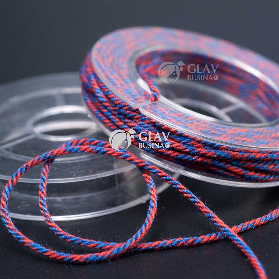 ОПТ (10 кат.) Полиэстровый шнур, текстура хлопка, 1мм, цвет синий и светло-красный, катушка 5м.