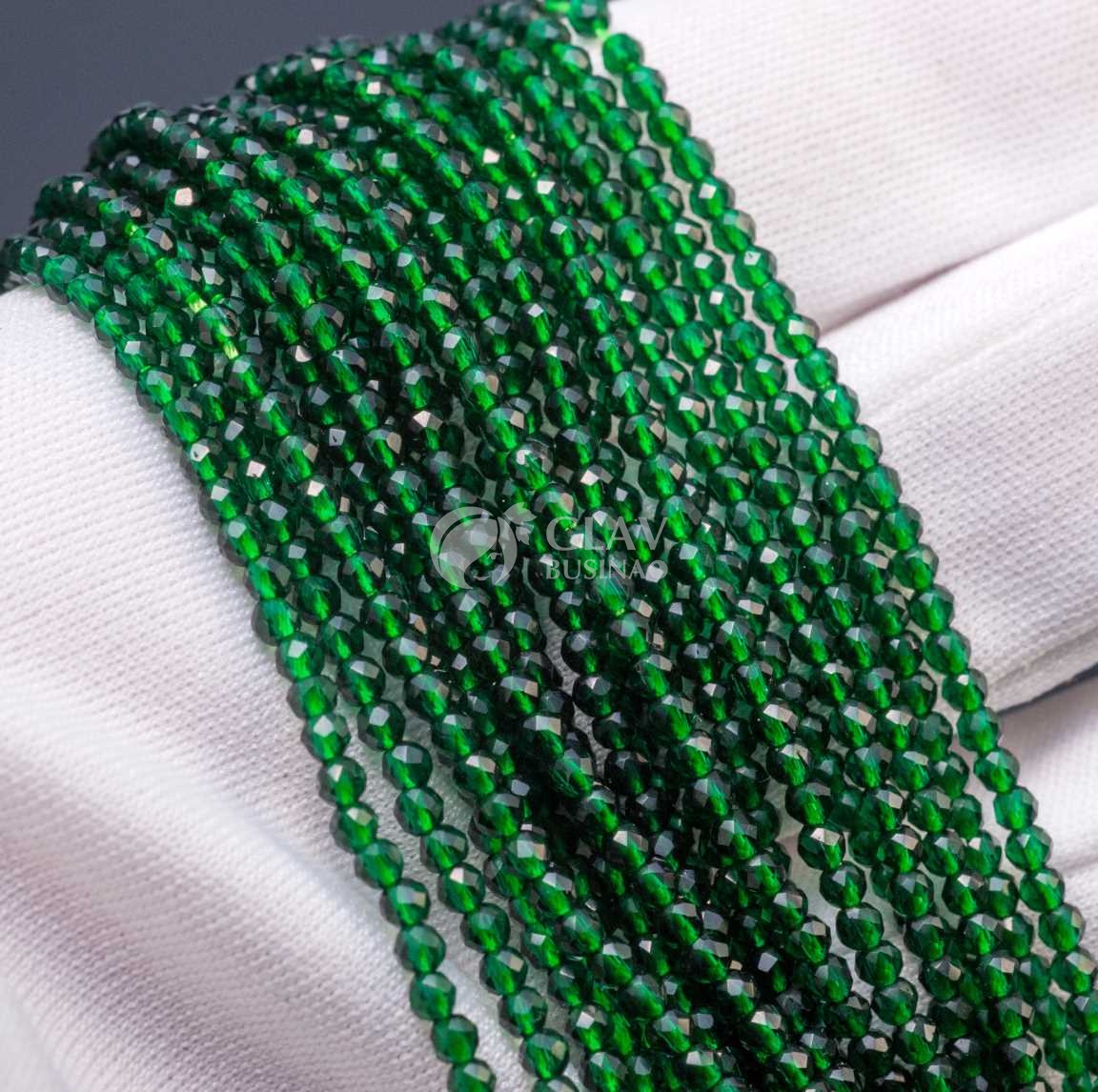 ОПТ (10 ниток) Нитка прозрачных хрустальных бусин на ярко-зеленой нити, цвет изумруд (глубокий зеленый), р-р 2х2мм, отв.0.8мм, ок 36 см / 180 бусин.