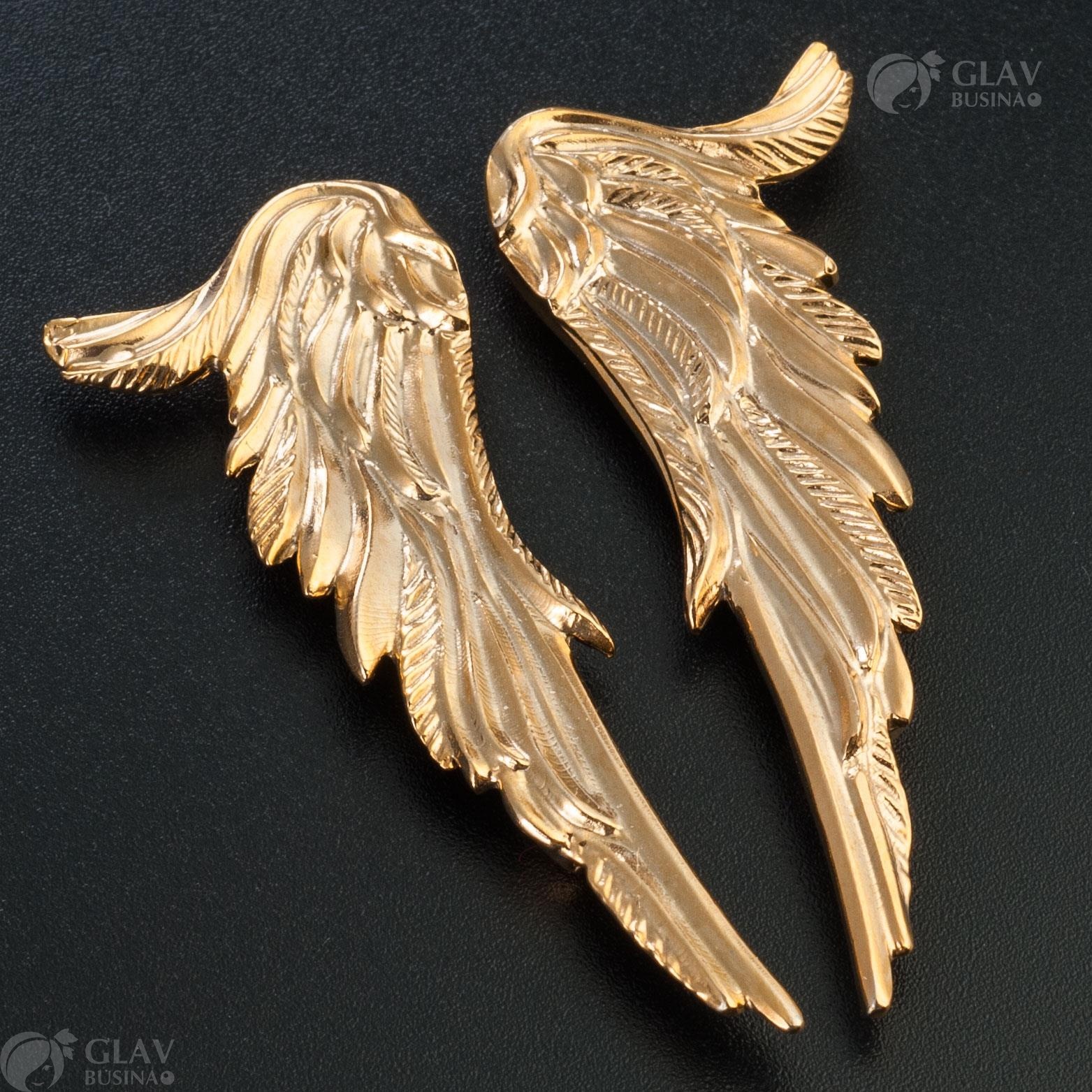 Парные кулоны "Крылья ангела" из латуни с золотым покрытием, размером 50х20мм, отверстия 2/1 - 2мм, эксклюзивные ручной работы.