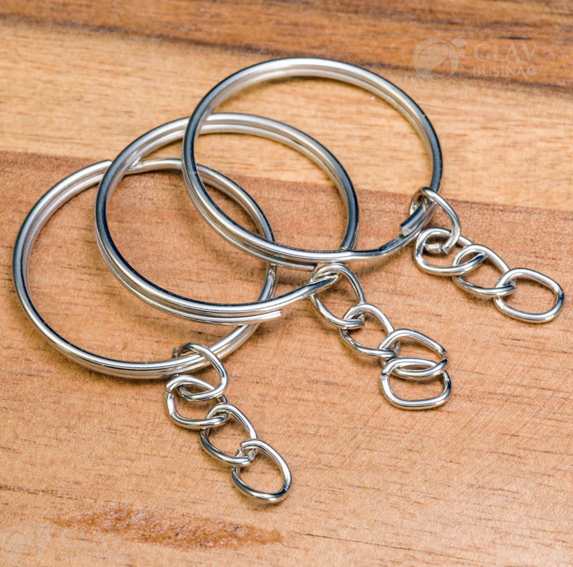 ОПТ (100 шт) Кольцо для ключей с цепочкой железное, цвет платина, р-р. кольца 24х2х1мм, цепочка 20мм, звено 6х5х0.9мм.