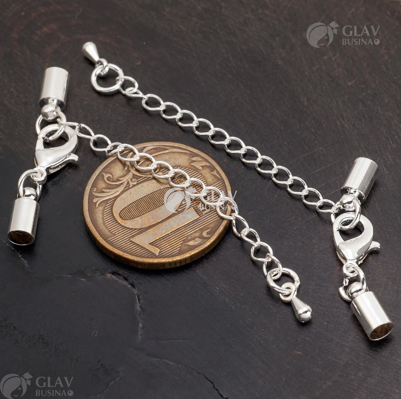 ОПТ (50 наборов) Набор из концевиков под шнур 3.5мм, замочка-лобстера 12мм и паяной удлинительной цепочки с концевиком, цвет серебро