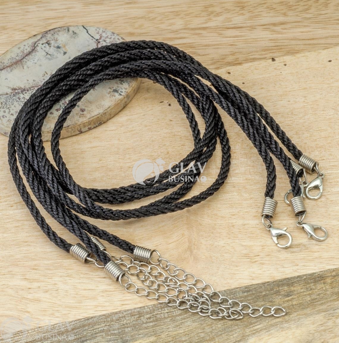 ОПТ (100 шт) Основа для колье из плотного черного полиэстрового шнура Корейский шелк, шнур 3ммх44см, замочек из бижутерного сплава 12 мм, железная удлинительная цепочка 45мм, цвет покрытия платина.