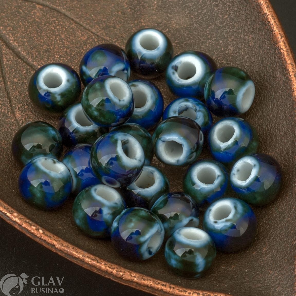 ОПТ (20 бусин) Керамическая бусина ручной работы, р-р 7х9мм, отв.3мм, цвет морская глубина (синий, зеленый, темно-синий, серо-зеленый).